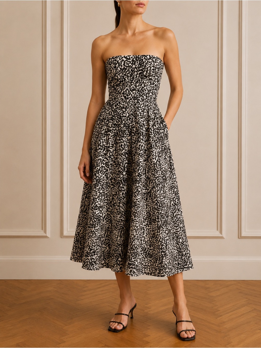 Scanlan Theodore | Strapless Black & White Animal Print Midi Dress | XS